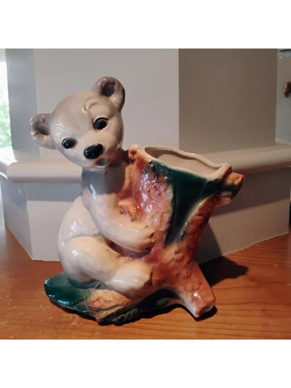Vintage Royal Copley Grey Bear in A Tree Planter Vase 1950s
